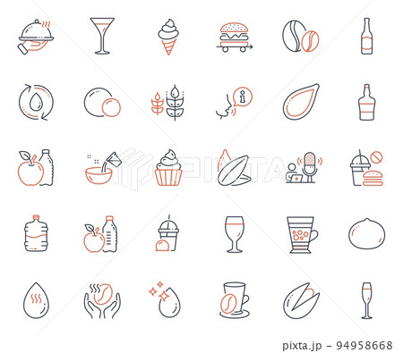 Food and drink icons set. Included icon as Hot water, Refill water and Pumpkin seed web elements. Ice cream, Restaurant food, Fast food icons. Beer glass, Coffee, Peas web signs. Cupcake. Vector Food and drink icons set. Included icon as Hot water, Refill water and Pumpkin seed web elements. Ice cream, Restaurant food, Fast food icons. Beer glass, Coffee, Peas web signs. Cupcake. Vector 94958668