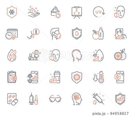 Healthcare icons set. Included icon as Medical vaccination, Hypoallergenic tested and Uv protection web elements. Cardio calendar, Sun cream, Face attention icons. Orange. Vector Healthcare icons set. Included icon as Medical vaccination, Hypoallergenic tested and Uv protection web elements. Cardio calendar, Sun cream, Face attention icons. Orange. Vector 94958827