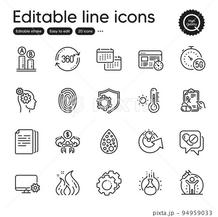 Set of Science outline icons. Contains icons as Chemistry experiment, 5g internet and Settings gears elements. Copy documents, Artificial colors, Full rotation web signs. Thoughts. Vector Set of Science outline icons. Contains icons as Chemistry experiment, 5g internet and Settings gears elements. Copy documents, Artificial colors, Full rotation web signs. Thoughts. Vector 94959033