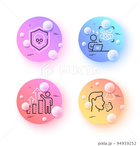 Employee results, Difficult stress and Cyber attack minimal line icons. 3d spheres or balls buttons. Cough icons. For web, application, printing. Chart, Work pressure, Software protect. Vector Employee results, Difficult stress and Cyber attack minimal line icons. 3d spheres or balls buttons. Cough icons. For web, application, printing. Chart, Work pressure, Software protect. Vector 94959252