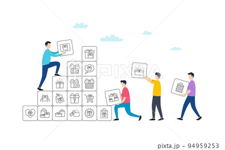 Gift line icons. People team work concept. Present box, Offer and Sale. Shopping cart, Tag and Chat. Speech bubble, Give a gift box, question mark, birthday discount. Vector 94959253