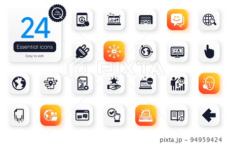 Set of Technology flat icons. Seo statistics, Outsourcing and Sound check elements for web application. Gps, Security lock, Smile face icons. Face search, Internet search, Scroll down elements. Vector 94959424