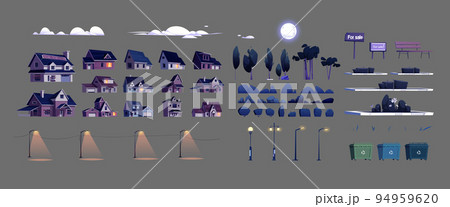 Elements of suburban street night landscape Elements of suburban street night landscape 94959620