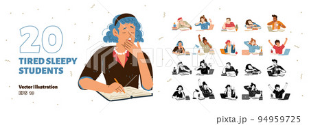 Tired sleepy students at desk with books 94959725