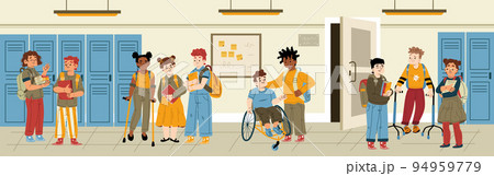 Disabled and healthy kids stand in school hall 94959779