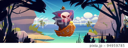 Pirate ship with black sails and jolly roger skull Pirate ship with black sails and jolly roger skull 94959785
