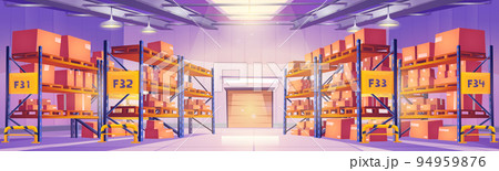 Warehouse with cardboard boxes on metal racks 94959876