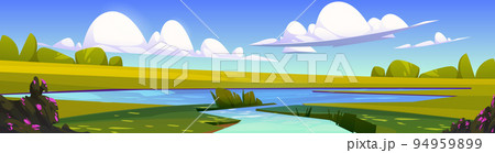 Summer scene with river flowing into lake 94959899