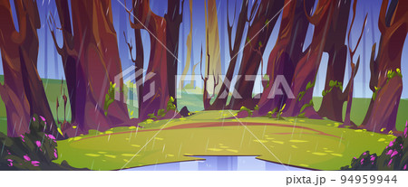 Rain in summer forest, wild nature 2d landscape 94959944