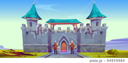 Medieval guard stand at castle gates, game scene Medieval guard stand at castle gates, game scene 94959984