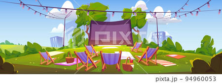 Outdoor cinema at summer city park landscape view Outdoor cinema at summer city park landscape view 94960053