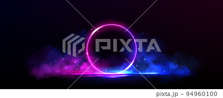 Neon circle frame with smoke on water surface 94960100
