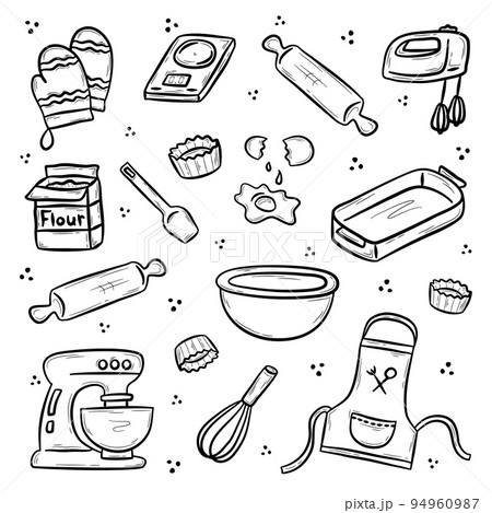 Hand drawn kitchen utensils and products for baking.  Cooking apron, oven glove, mixer, scales, rolling pin, whisk, bowl, pan, spatula, flour, egg.   Flat vector illustration in doodle style. 94960987