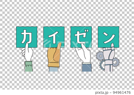 Hand holding a panel that says Kaizen 94961476