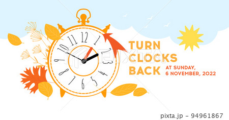 Turn clocks back one hour, Daylight Saving Time Ends concept banner. Fall Back time. Turn clocks back one hour, Daylight Saving Time Ends concept banner. Fall Back time. 94961867