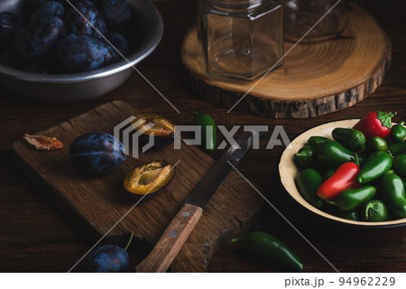 Cooking of Jelly with Plum and Jalapeno Peppers Cooking of Jelly with Plum and Jalapeno Peppers 94962229