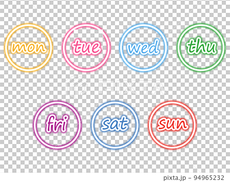 Colorful neon round English days of the week set Colorful neon round English days of the week set 94965232