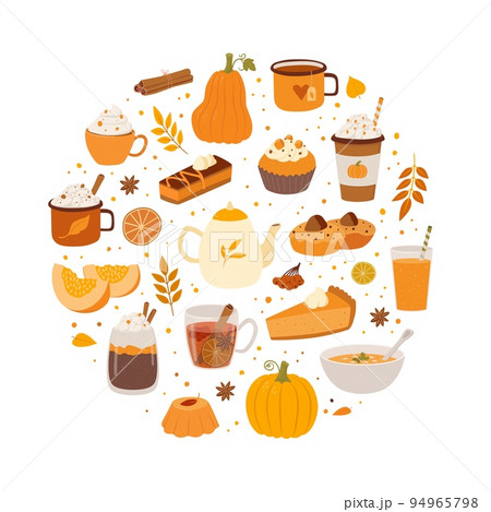 Set of pumpkin spice seasonal products, coffee, pumpkins, latte, pie, cake, soup, smoothie vector illustration. Autumn food and hot drinks round composition. Mulled wine and spice isolated on white Set of pumpkin spice seasonal products, coffee, pumpkins, latte, pie, cake, soup, smoothie vector illustration. Autumn food and hot drinks round composition. Mulled wine and spice isolated on white 94965798