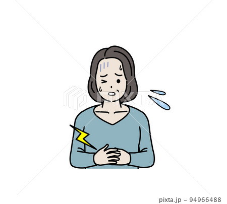お腹が痛い中年の女性　腹痛　食あたり　食中毒　病気　症状　イラスト 94966488