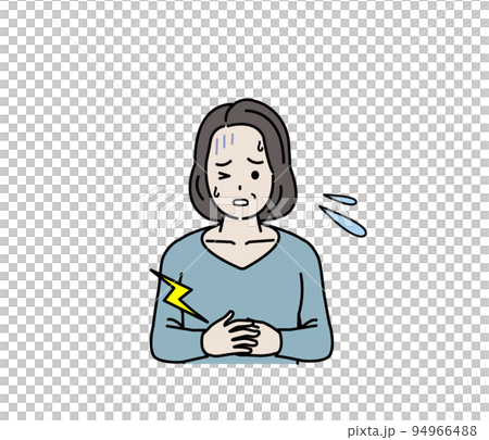 お腹が痛い中年の女性　腹痛　食あたり　食中毒　病気　症状　イラスト 94966488