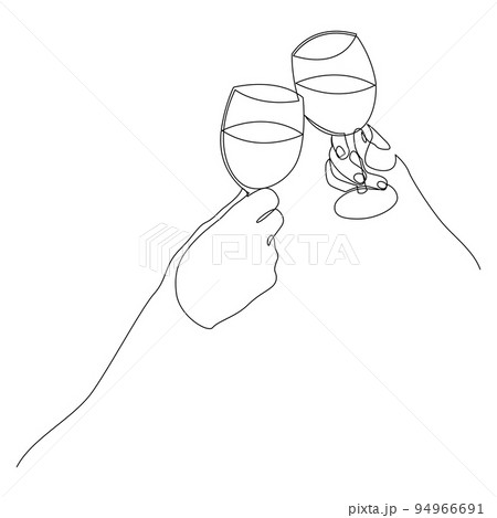 Continuous one line drawing of hands cheering with glasses of wine. Vector illustration. 94966691