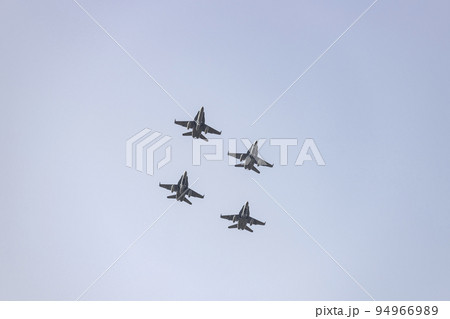 Hunt. Airplane. Military vehicle. Spanish Air Force rehearsing for the National Day of October 12 through the streets of the city of Madrid. MADRID, SPAIN - OCTOBER 5, 2022. Hunt. Airplane. Military vehicle. Spanish Air Force rehearsing for the National Day of October 12 through the streets of the city of Madrid. MADRID, SPAIN - OCTOBER 5, 2022. 94966989