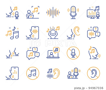 Voice line icons. Voicemail, microphone record and silence. Whisper talk, listen voice and ear hearing disability line icons. Speak recognition, phone dictation and audio sound wave. Vector 94967036