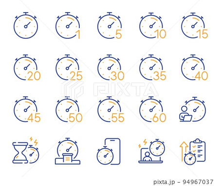 Timer line icons. Hourglass, clock time and stopwatch. Alarm countdown, sport measurement tool and 1 hour line icons. 10 minutes timer, time report, cook clock. Fast service, 60 seconds. Vector 94967037
