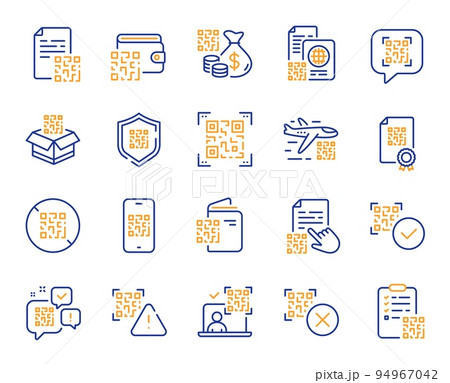 Qr code line icons. Vaccination certificate, phone qr scan and qrcode document set. Verification process, code scanning and boarding pass line icons. Valid vaccination qr passport. Vector Qr code line icons. Vaccination certificate, phone qr scan and qrcode document set. Verification process, code scanning and boarding pass line icons. Valid vaccination qr passport. Vector 94967042