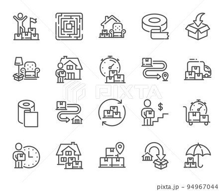 Moving service line icons. Furniture move, rent space and adhesive tape set. Package delivery, relocation service and carrying man line icons. Move parcel, delivery truck and maze labyrinth. Vector Moving service line icons. Furniture move, rent space and adhesive tape set. Package delivery, relocation service and carrying man line icons. Move parcel, delivery truck and maze labyrinth. Vector 94967044