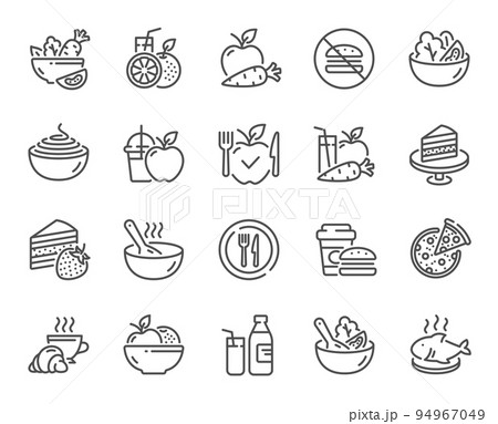 Meal line icons. Vegatable dish, poke bowl food and healthy salad set. Pizza, pasta spaghetti bowl and burger line icons. Breakfast meal, vegetable salad and fish. Apple and carrot fresh juice. Vector 94967049