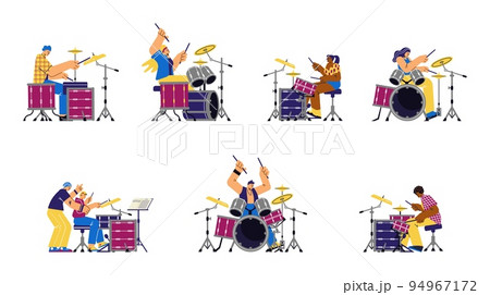 Set of male and female drummer characters flat style Set of male and female drummer characters flat style 94967172