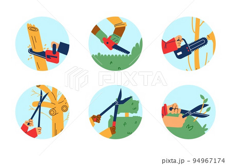 Garden work round icons, hands use professional garden equipment, flat vector illustration. 94967174