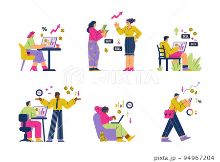 People investing money online, working as freelancers at stock market - flat vector illustration isolated on white. 94967204
