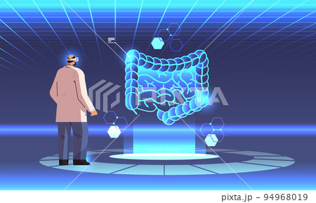 doctor in digital glasses looking at virtual detailed explanation anatomical digestive system internal organ vr vision 94968019