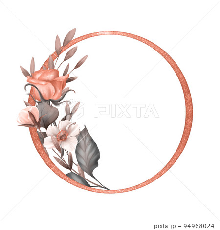 Round frame with flowers and leaves. Floral autumn card decor. 94968024