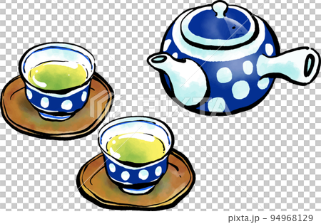 茶杯和茶壺的手繪插圖（毛筆書寫風格） 94968129