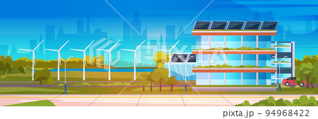 Wind turbines and solar panels energy renewable station field build waste free world clean power concept 94968422