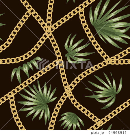 Vector tropical background with red hibiscus flowers and golden chain. Summer jungle backdrop. Vintage tropic illustration 94968915