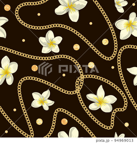 Vector seamless pattern of white plumeria flowers with golden foil confetti and chain on black background. Repeat tropical backdrop. Trendy exotic jungle wallpaper. 94969013