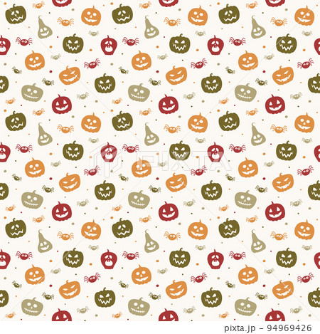Creepy Halloween wallpaper with pumpkins and spiders. Seamless pattern. Vector Creepy Halloween wallpaper with pumpkins and spiders. Seamless pattern. Vector 94969426