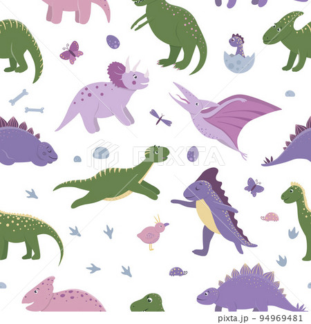 Vector seamless pattern with cute dinosaurs with clouds, eggs, bones, birds for children. Dino flat cartoon characters background. Cute prehistoric reptiles illustration. Vector seamless pattern with cute dinosaurs with clouds, eggs, bones, birds for children. Dino flat cartoon characters background. Cute prehistoric reptiles illustration. 94969481