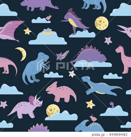 Vector seamless pattern with cute dinosaurs on night sky with clouds, moon, stars, birds for children. Dino flat cartoon characters background. Cute prehistoric reptiles illustration. Vector seamless pattern with cute dinosaurs on night sky with clouds, moon, stars, birds for children. Dino flat cartoon characters background. Cute prehistoric reptiles illustration. 94969482