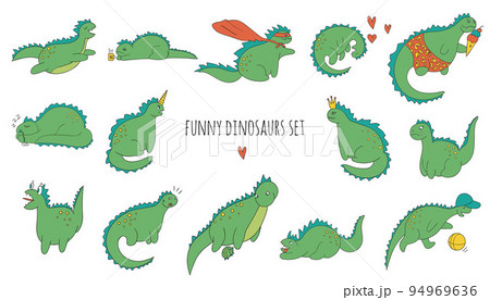 Vector set of funny colored dinosaurs in different poses. Comic dino concept in cartoon style. Doodle drawing of sarcastic reptiles Vector set of funny colored dinosaurs in different poses. Comic dino concept in cartoon style. Doodle drawing of sarcastic reptiles 94969636