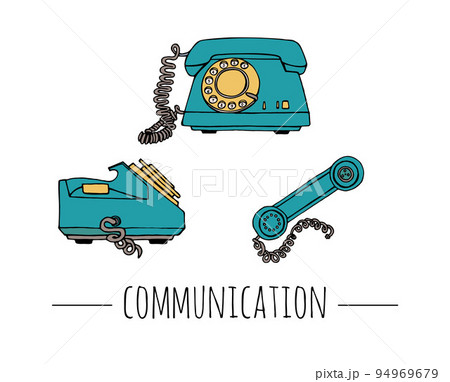 Vector vintage telephone set. Retro illustration of wired rotary dial telephone. Old means of communication Vector vintage telephone set. Retro illustration of wired rotary dial telephone. Old means of communication 94969679