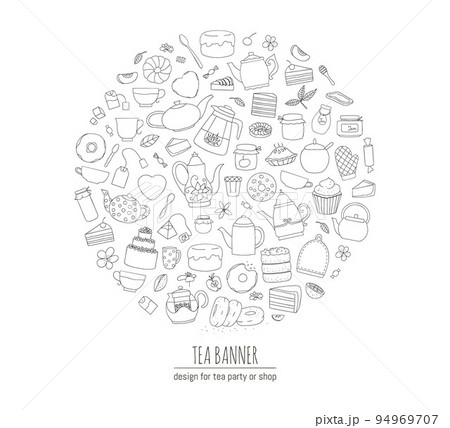 Vector illustration of black and white teapots, pies, sweets, cakes framed in circle. Line art tea set. Tea themed concept. Frame with kettles and kitchen equipment Vector illustration of black and white teapots, pies, sweets, cakes framed in circle. Line art tea set. Tea themed concept. Frame with kettles and kitchen equipment 94969707