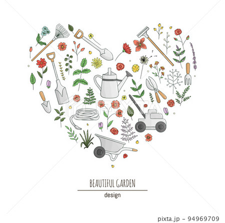 Vector set of colorful garden tools, flowers, herbs, plants. Collection of spade, shovel, rakes, wheel barrow, watering can, shears, lawn mower, hose, trowel, hand fork, framed in heart shape. Cartoon 94969709