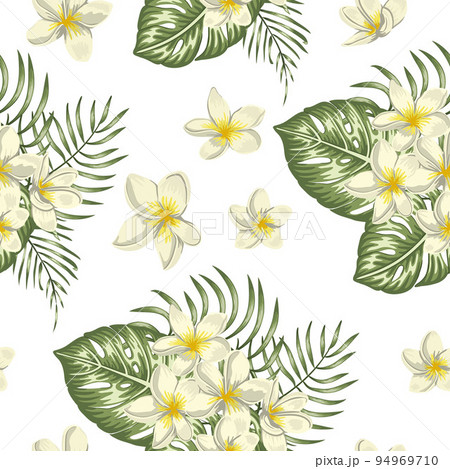 Vector seamless pattern of green tropical leaves with plumeria flowers on white background. Summer or spring repeat tropical backdrop. Trendy exotic jungle ornament. Vector seamless pattern of green tropical leaves with plumeria flowers on white background. Summer or spring repeat tropical backdrop. Trendy exotic jungle ornament. 94969710