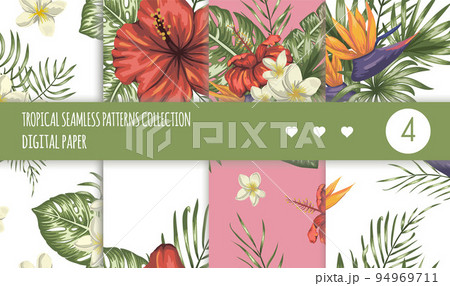 Vector tropical seamless patterns collection. Summer or spring repeat tropic backdrops set. Trendy exotic jungle ornaments. 94969711