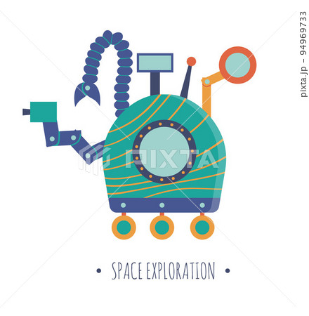 Vector rover illustration for children. Bright and cute flat picture of smiling technics isolated on white background. Space exploration concept. 94969733